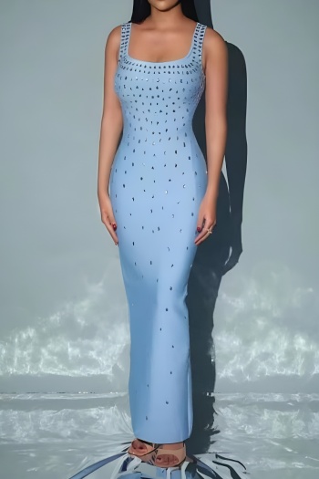 elegant slight stretch solid slim slit acrylic rhinestones decor maxi dress