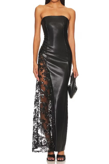 sexy non-stretch tube top see-through lace pu patchwork maxi dress