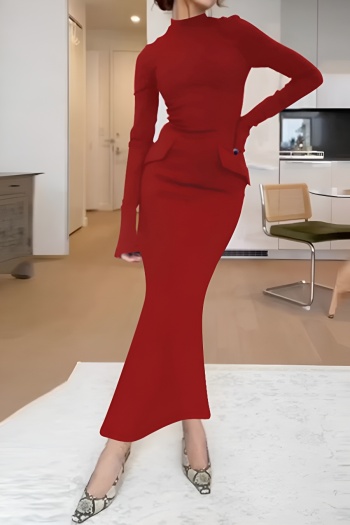 pure color autumn 3 colors slight stretch zip-up simple casual split maxi dress
