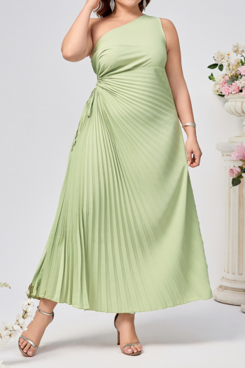 elegant plus size non-stretch solid color one-shoulder pleated maxi dress