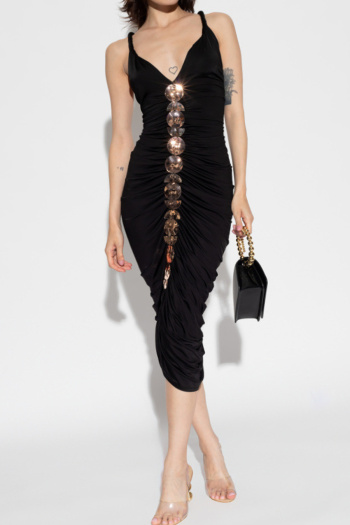 elegant slight stretch solid color sling sequins decor shirring slim midi dress