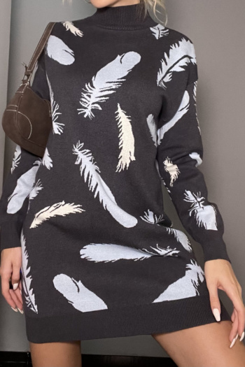 casual slight stretch feather printing ribbed knit mini dress