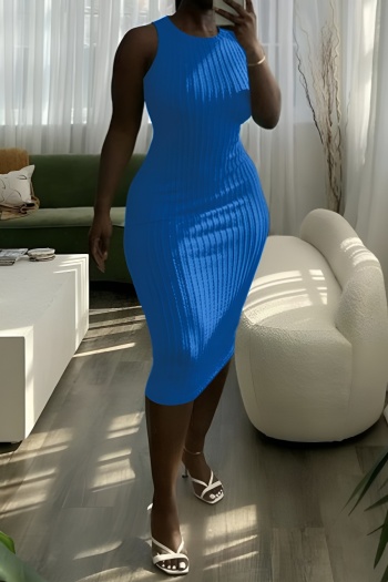 casual plus size stretch solid color crew neck sleeveless slim knit midi dress