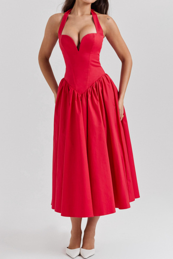 new solid color slight stretch zip-up halter neck casual slim midi dress