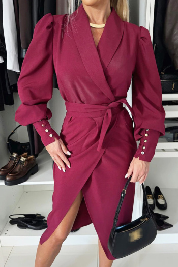 casual non-stretch solid color suit collar with belt midi dress