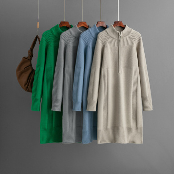 casual slight stretch 6 colors solid knitted zip-up long sleeve midi dress