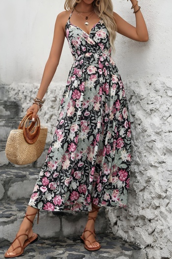 bohemian vacation non-stretch floral printing halter-neck smocked midi dress