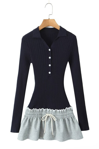casual slight stretch stitching ribbed knit lapel mini dress(size run small)