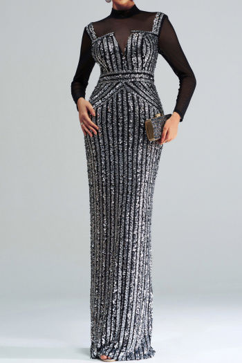 elegant slight stretch sequin mesh stitching padded long sleeve maxi dress