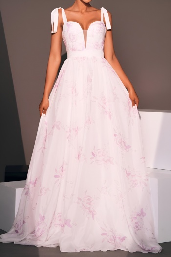 elegant slight stretch mesh stitching padded tie-shoulder maxi dress