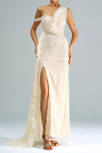 elegant slight stretch sequin mesh padded one shoulder high slit maxi dress