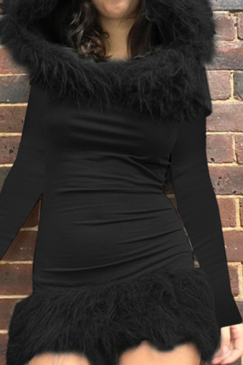 stylish slight stretch fluffy stitching hooded long sleeve bodycon mini dress