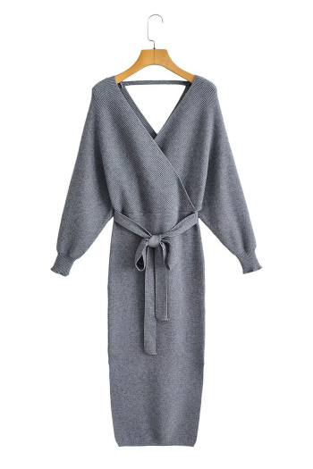casual slight stretch 6 colors v-neck ribbed knit midi dress