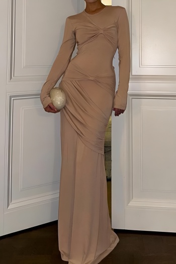 stylish slight stretch pure color bow long sleeve ruched maxi dress