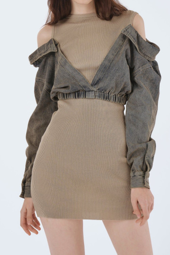 casual slight stretch ribbed knit stitching denim crew neck slim mini dress