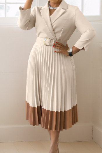 s-3xl slight stretch contrast color pleated midi dress(with belt)