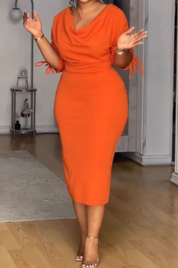 casual plus size slight stretch solid color drawstring slit midi dress