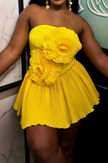 sexy plus size slight stretch tube top pleated floral decor mini dress