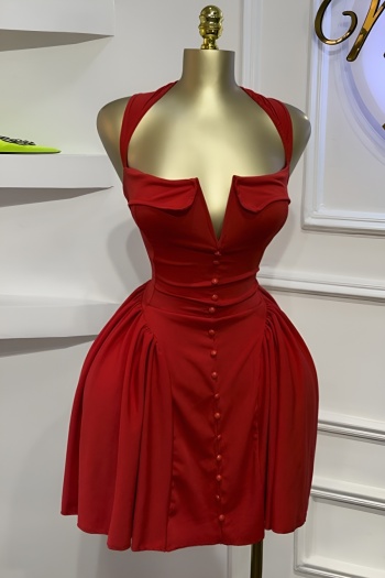 casual plus size non-stretch solid color sling single breasted mini dress