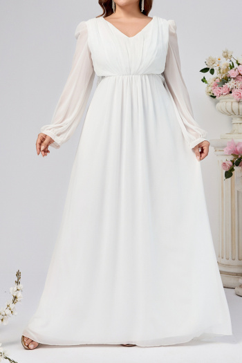elegant plus size non-stretch solid color chiffon long sleeve v-neck maxi dress