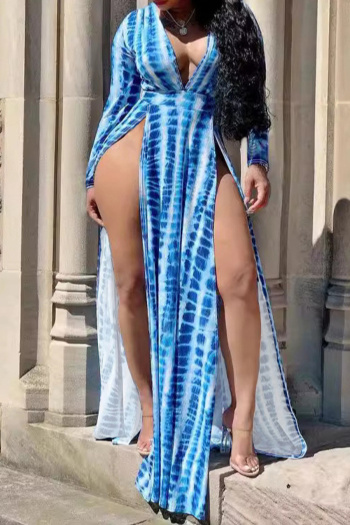 sexy plus size slight stretch tie-dye printed deep v-neck high slit maxi dress