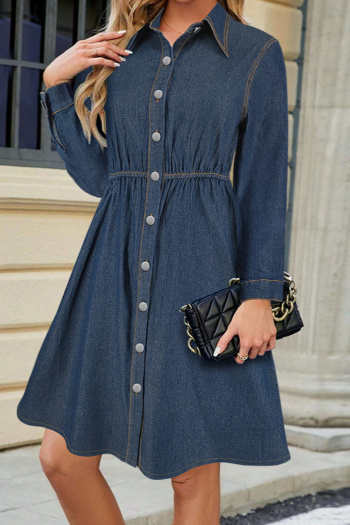 casual plus size non-stretch solid loose single-breasted midi denim dress