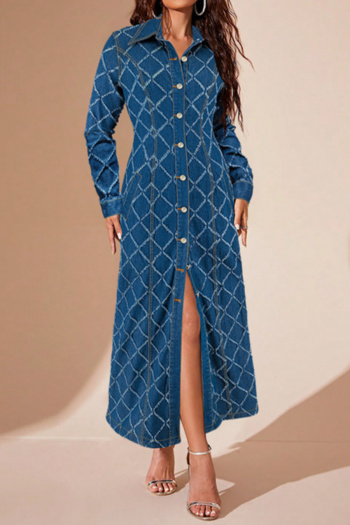 casual plus size non-stretch diamond jacquard single-breasted maxi denim dress