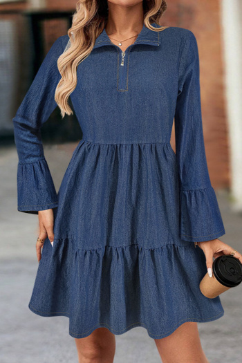 casual plus size non-stretch solid color loose zip-up mini denim dress