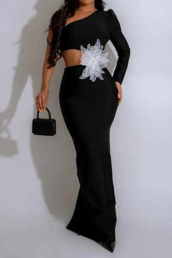 sexy plus size slight stretch one shoulder hollow flower decor slit maxi dress