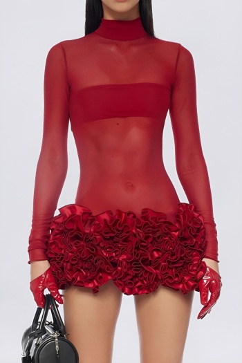 sexy slight stretch see-through mesh tight three-dimensional flowers mini dress