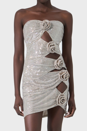 sexy slight stretch tube top rhinestone tight hollow flower decor mini dress