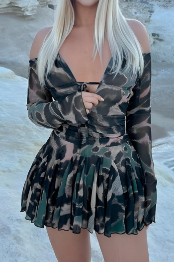 sexy slight stretch leopard printing halter-neck shirring mini dress