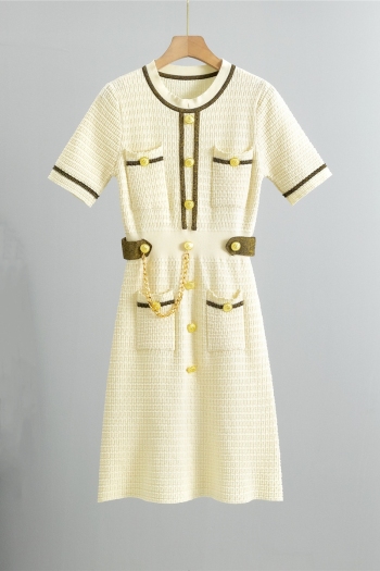 casual slight stretch knitted pocket chain decor midi dress