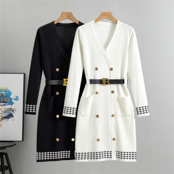 casual slight stretch knitted houndstooth double-breasted with belt midi dress