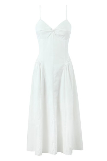 casual slight stretch sling hollow shirring simple solid color midi dress