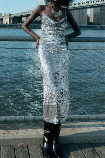 elegant non-stretch sequin decor sling maxi dress