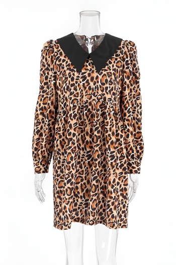 Stylish non-stretch leopard print turndown collar loose mini dress