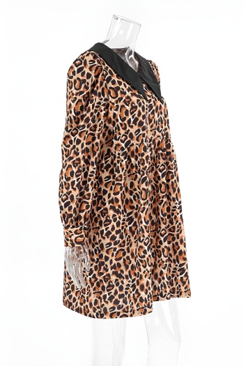 Stylish non-stretch leopard print turndown collar loose mini dress