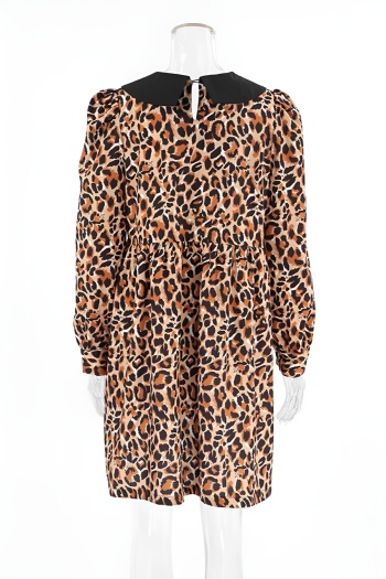 Stylish non-stretch leopard print turndown collar loose mini dress