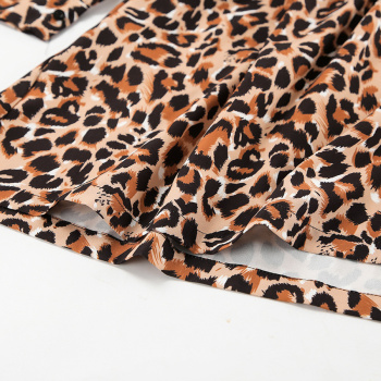 Stylish non-stretch leopard print turndown collar loose mini dress