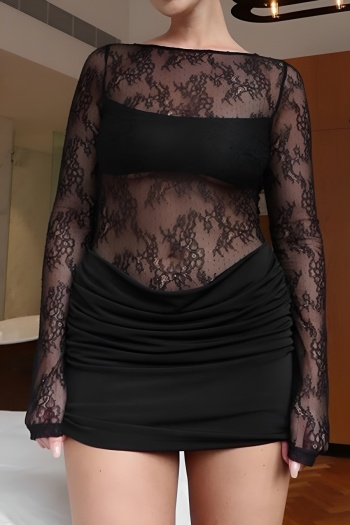 new sexy slight stretch patchwork lace solid color see-through mini dress