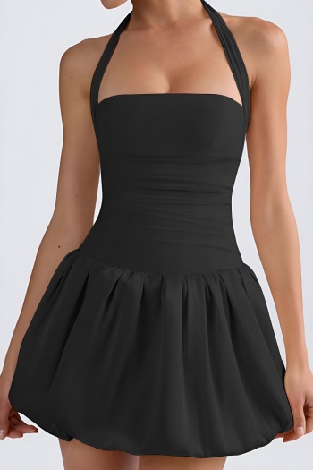 pure color stretch halter neck 3 colors sexy pleated mini dress