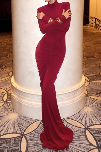 new elegant slight stretch solid color long sleeve maxi draggle tail dress