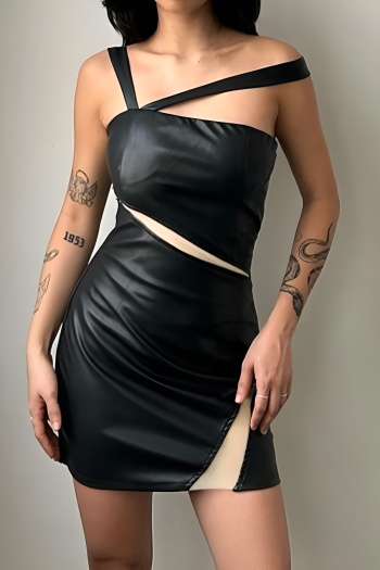 sexy slight stretch pu leather mesh stitching one shoulder bodycon mini dress