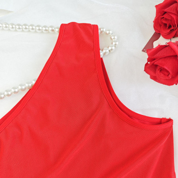 Casual slight stretch solid color one shoulder mesh irregular midi dress