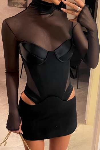 sexy slight stretch black patchwork mesh high neck see-through hollow mini dress