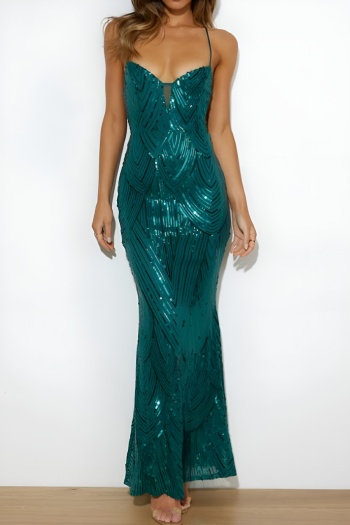 new slight stretch 4-color patchwork sequins lace-up maxi tank dress