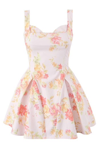 new sleeveless slight stretch zip-up floral batch printing casual mini dress