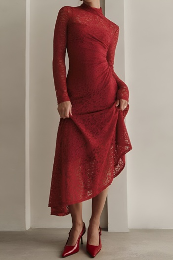 casual stretch lace long sleeve irregular hem sling lined midi dress