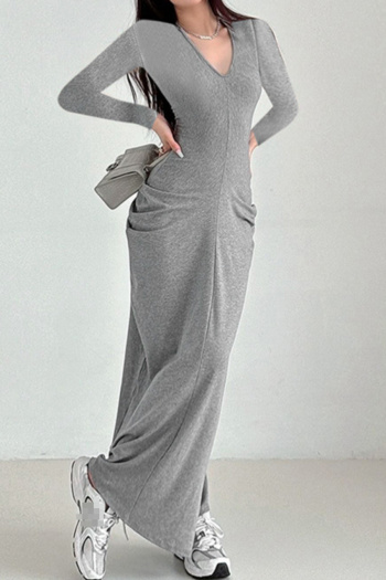 new slight stretch 3-color patchwork pleat long sleeve maxi dress
